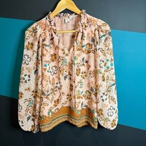 Joie Orange and Pink Long Sleeve Tie Front Blouse